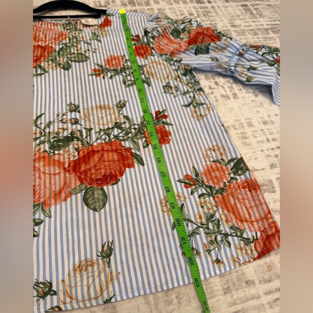 Cupio Blue and White Striped Floral Print Bell Sleeve Blouse - Size M - Picture 10 of 12